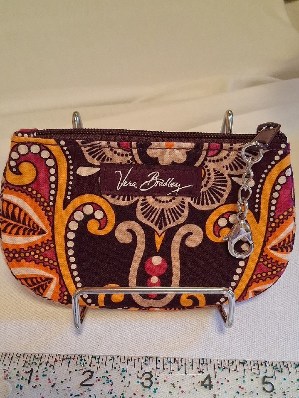 Vera Bradley Brown Paisley Wristlet with Orange and Pink Accents
